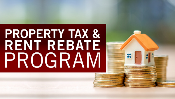 A house sitting on top of stacks of quarters next to the words “property tax and rent rebate program