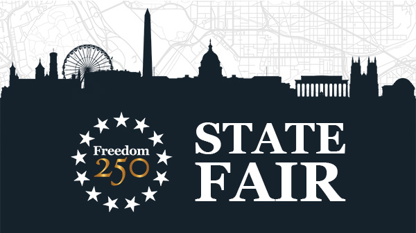A graphic with a cityscape on top and the words “State Fair” and a Freedom 250 logo on the bottom