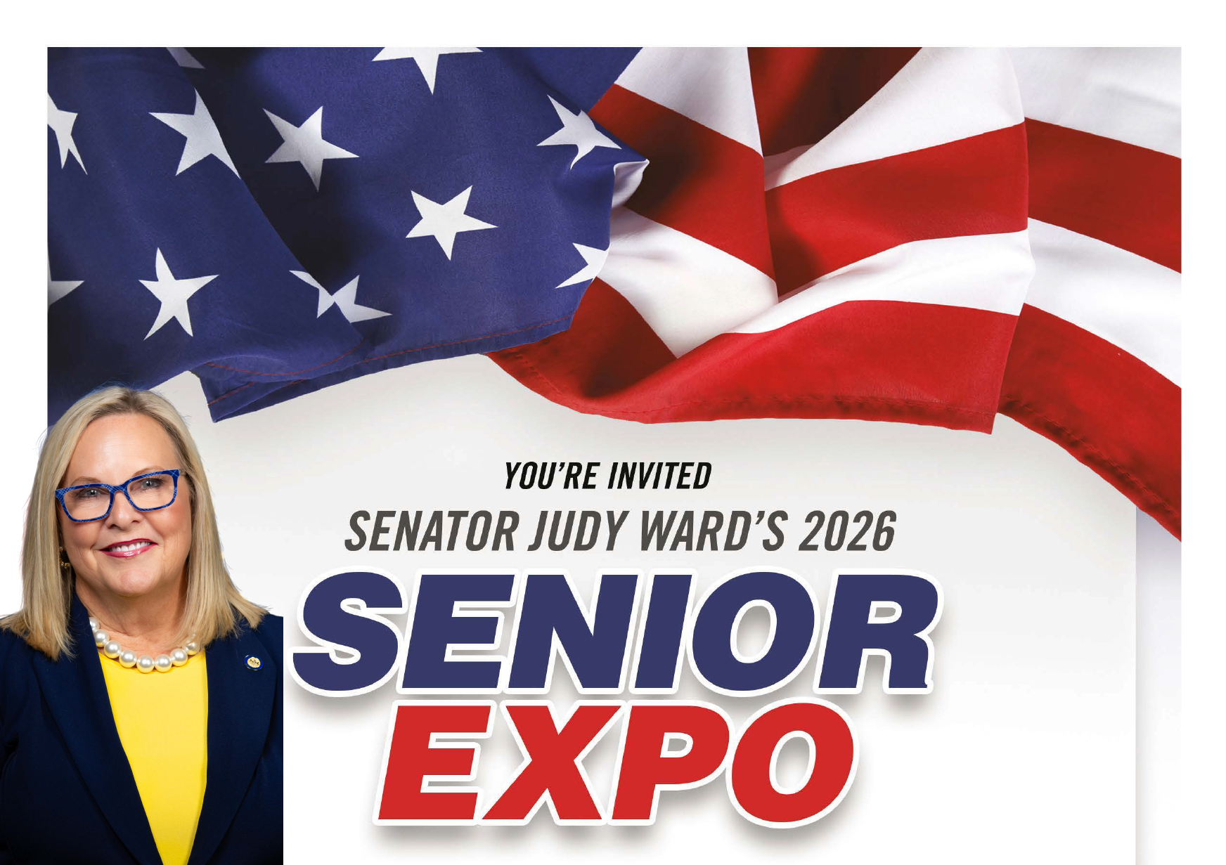 A flyer inviting people to Senator Judy Ward’s 2026 senior expo with her picture on the left and the American flag at the top.
