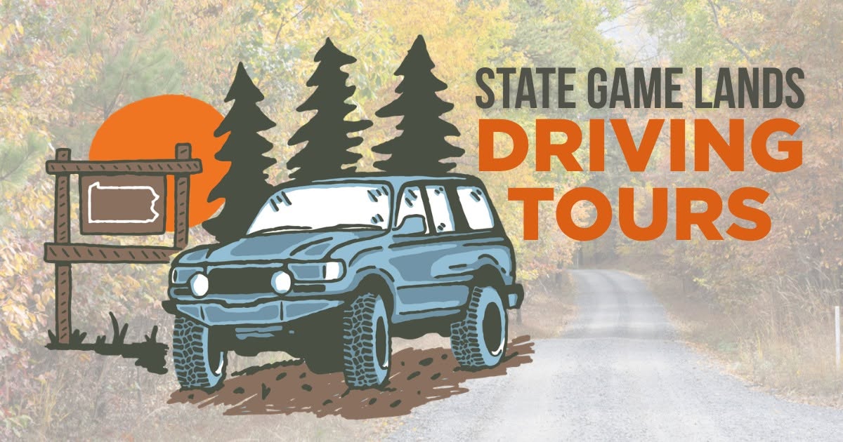 A photo of a vehicle on a trail that reads State Game Lands Driving Tours