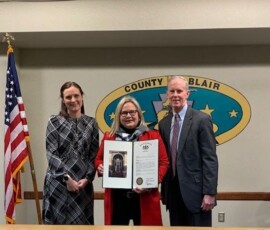 January 27, 2022 - I had the honor of presenting a citation to Bruce Erb and Laura Burke, commissioners of Blair County. Blair County celebrated its 175th Anniversary in 2021, but due to the pandemic, the commemoration was postponed. 01/27